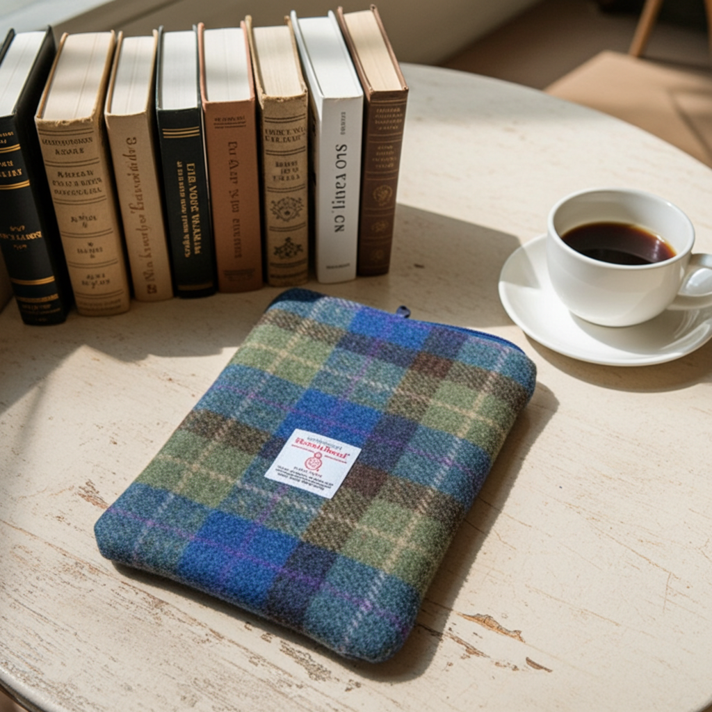 Blue, green & brown Harris Tweed Book Sleeve with zip closure