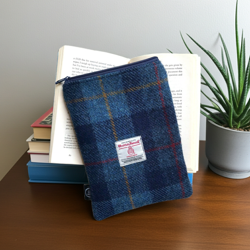 Navy Harris Tweed Book Sleeve with zip closure