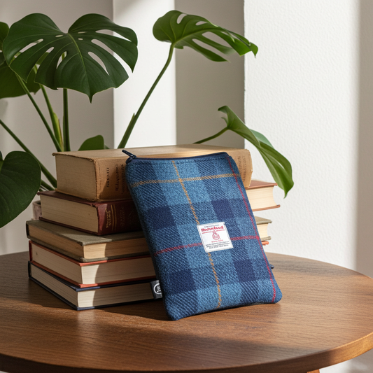 Navy Harris Tweed Book Sleeve with zip closure