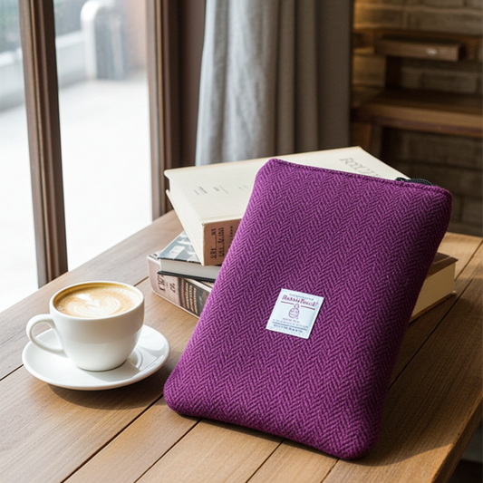 Raspberry herringbone Harris Tweed Book Sleeve with zip closure
