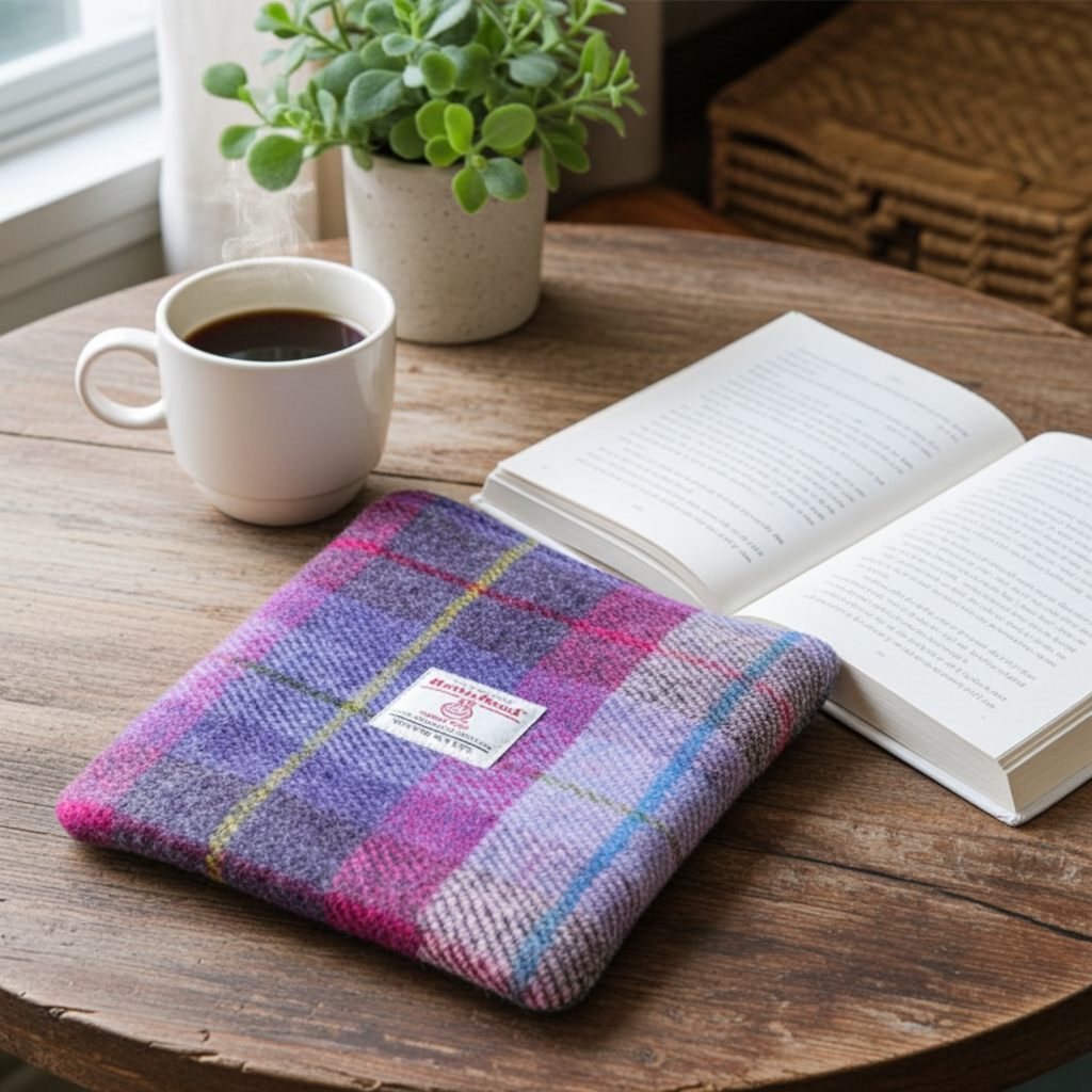 Purple & Pink Harris Tweed Book Sleeve with zip closure
