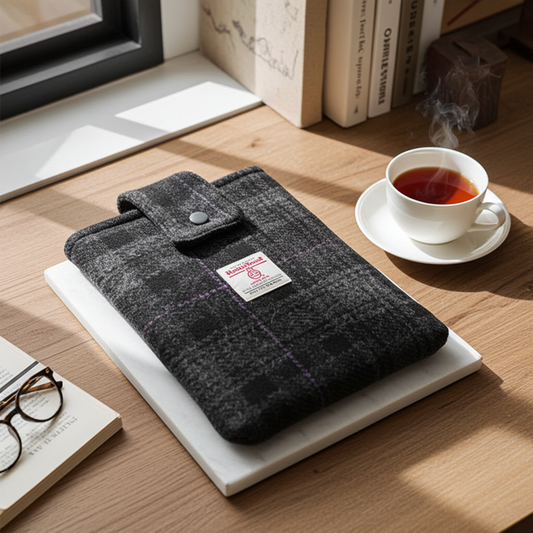 Harris Tweed book sleeve - Black with lilac stripe