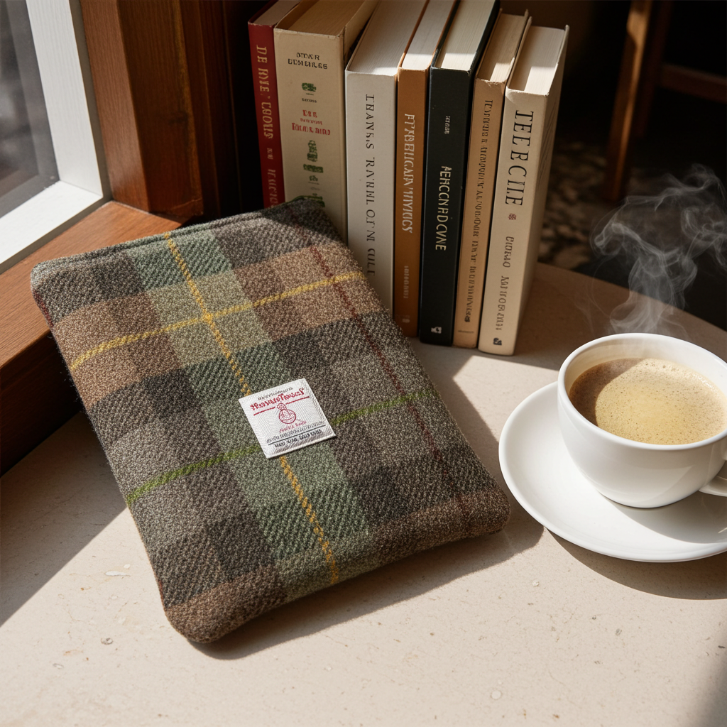 Brown & Green Harris Tweed Book Sleeve with zip closure