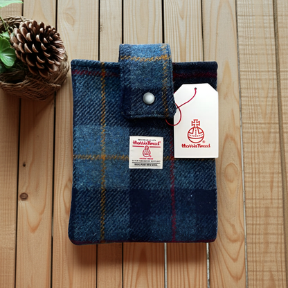 Harris Tweed book sleeve in Navy check with red & yellow lines