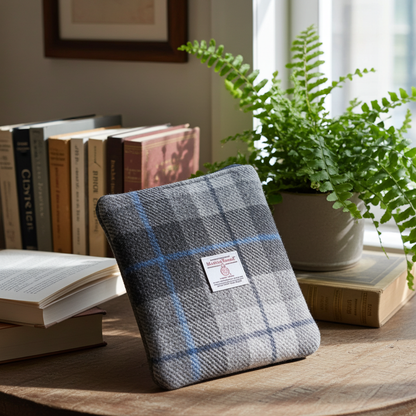 Grey tartan Harris Tweed Book Sleeve with zip closure