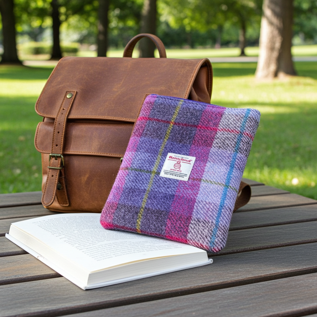 Purple & Pink Harris Tweed Book Sleeve with zip closure