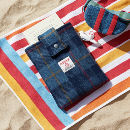 Harris Tweed book sleeve in Navy check with red & yellow lines