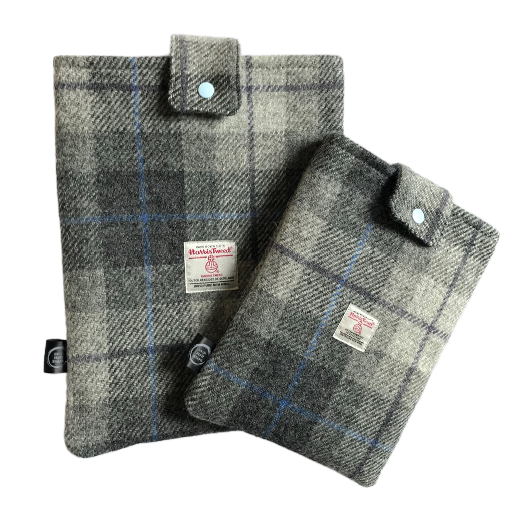 Harris Tweed book sleeve - Grey check with blue & purple lines