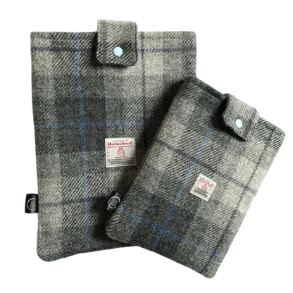 Harris Tweed book sleeve - Grey check with blue & purple lines