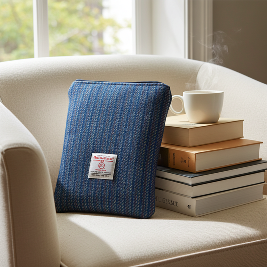 Blue and multi stripe Kaona Harris Tweed Book Sleeve with zip closure