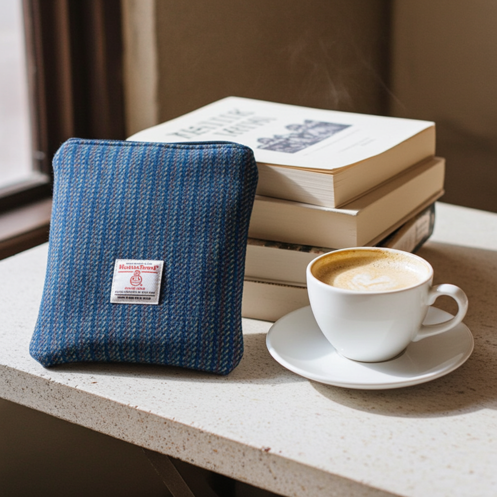 Blue and multi stripe Kaona Harris Tweed Book Sleeve with zip closure