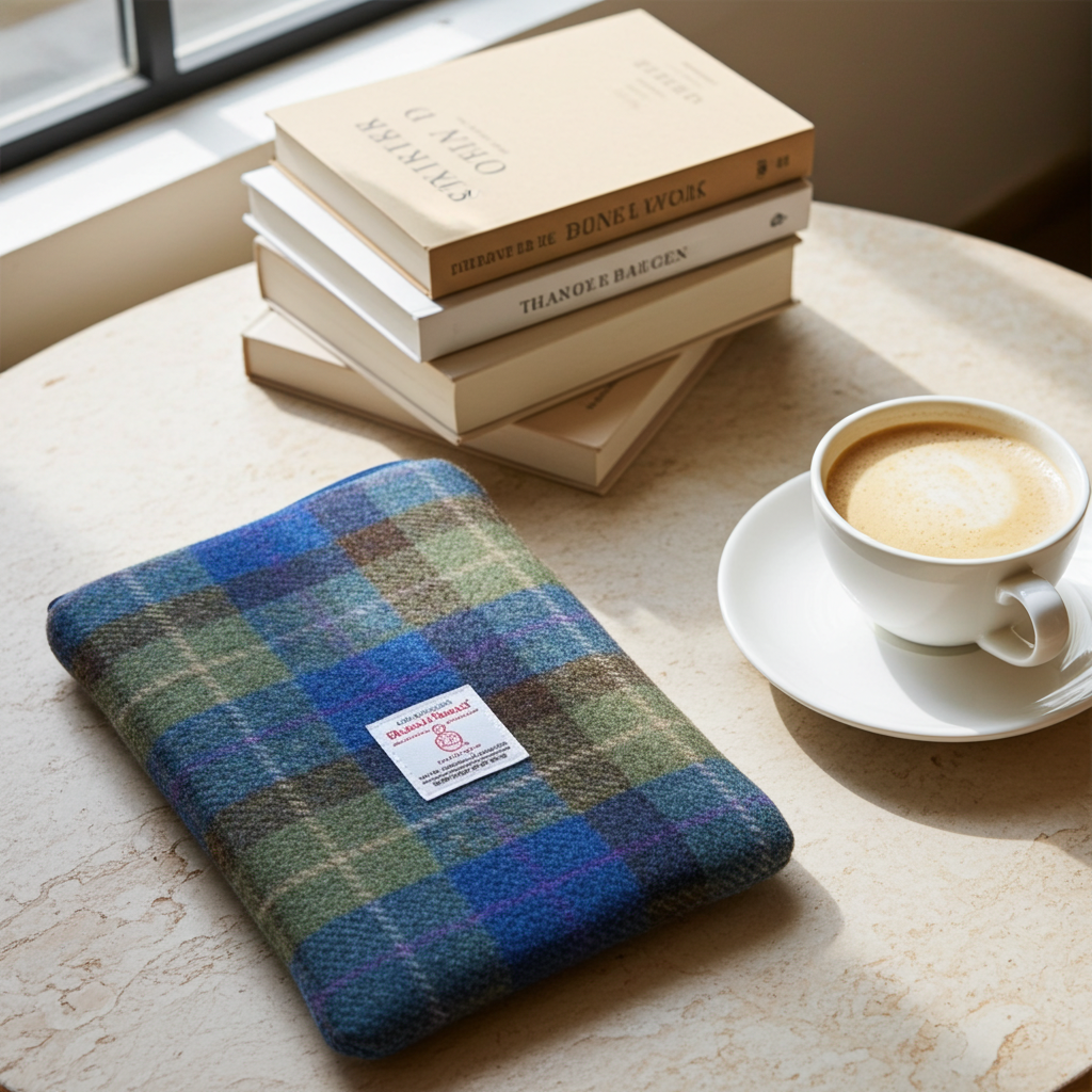 Blue, green & brown Harris Tweed Book Sleeve with zip closure