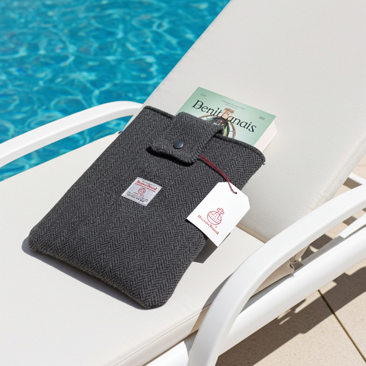 Harris Tweed book sleeve in Charcoal Blue Herringbone