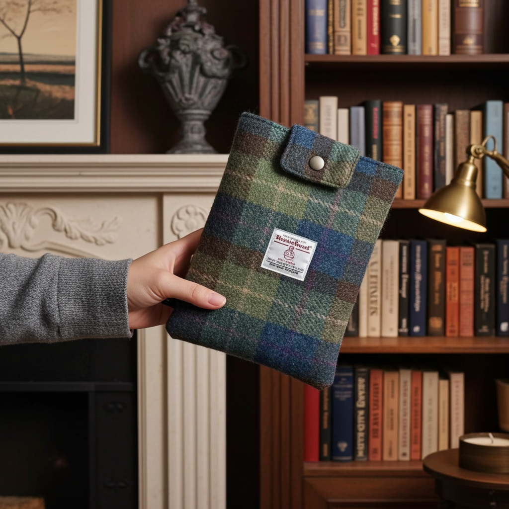 Harris Tweed book sleeve - Blue, green & brown check