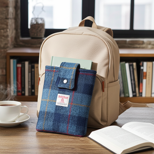 Harris Tweed book sleeve in Navy check with red & yellow lines