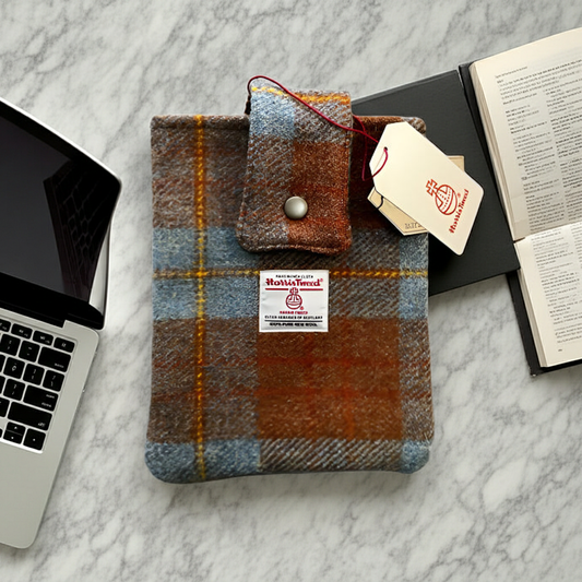 Harris Tweed book sleeve - Burnt orange and blue check