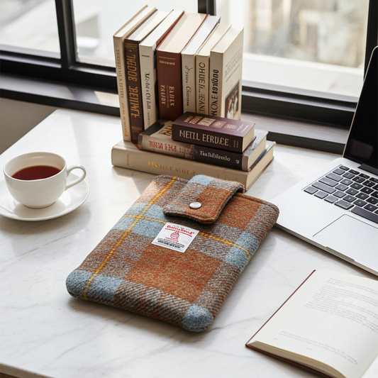 Harris Tweed book sleeve - Burnt orange and blue check