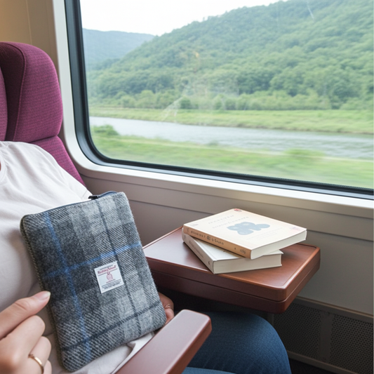 Grey tartan Harris Tweed Book Sleeve with zip closure