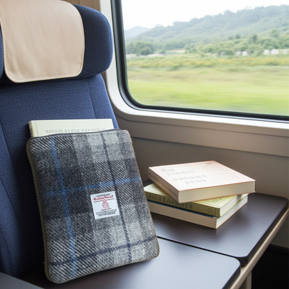 Grey tartan Harris Tweed Book Sleeve with zip closure
