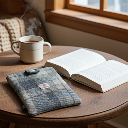 Harris Tweed book sleeve - Grey check with blue & purple lines