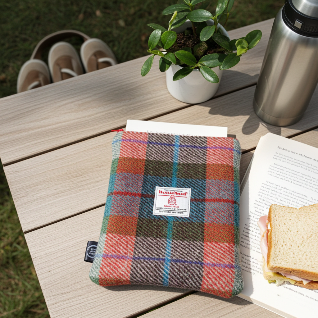 Green and Red Harris Tweed Book Sleeve with zip closure