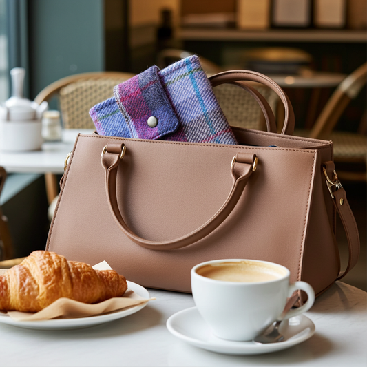 Harris Tweed book sleeve in purple & pink check
