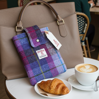 Harris Tweed book sleeve in purple & pink check