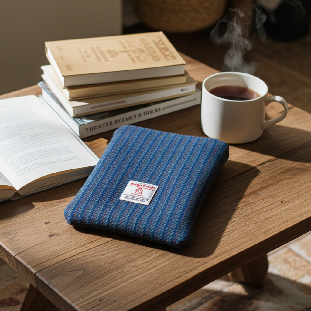 Blue and multi stripe Kaona Harris Tweed Book Sleeve with zip closure
