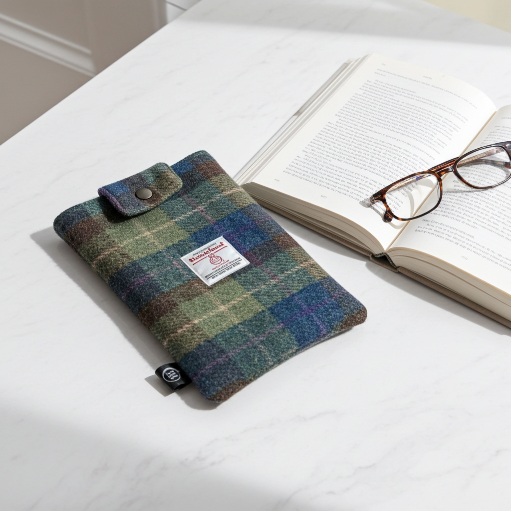 Harris Tweed book sleeve - Blue, green & brown check