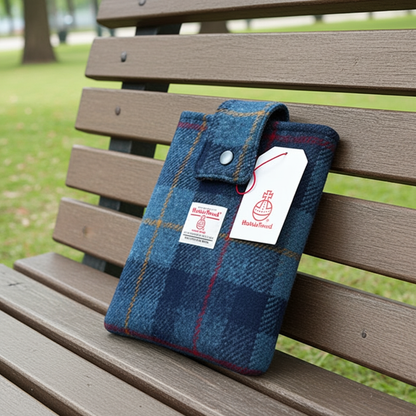 Harris Tweed book sleeve in Navy check with red & yellow lines