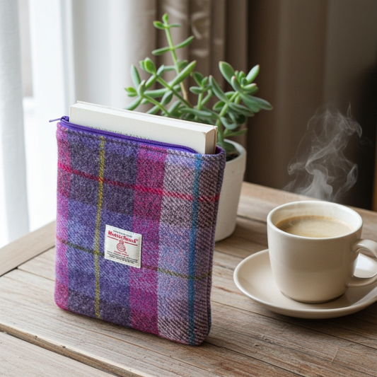 Purple & Pink Harris Tweed Book Sleeve with zip closure