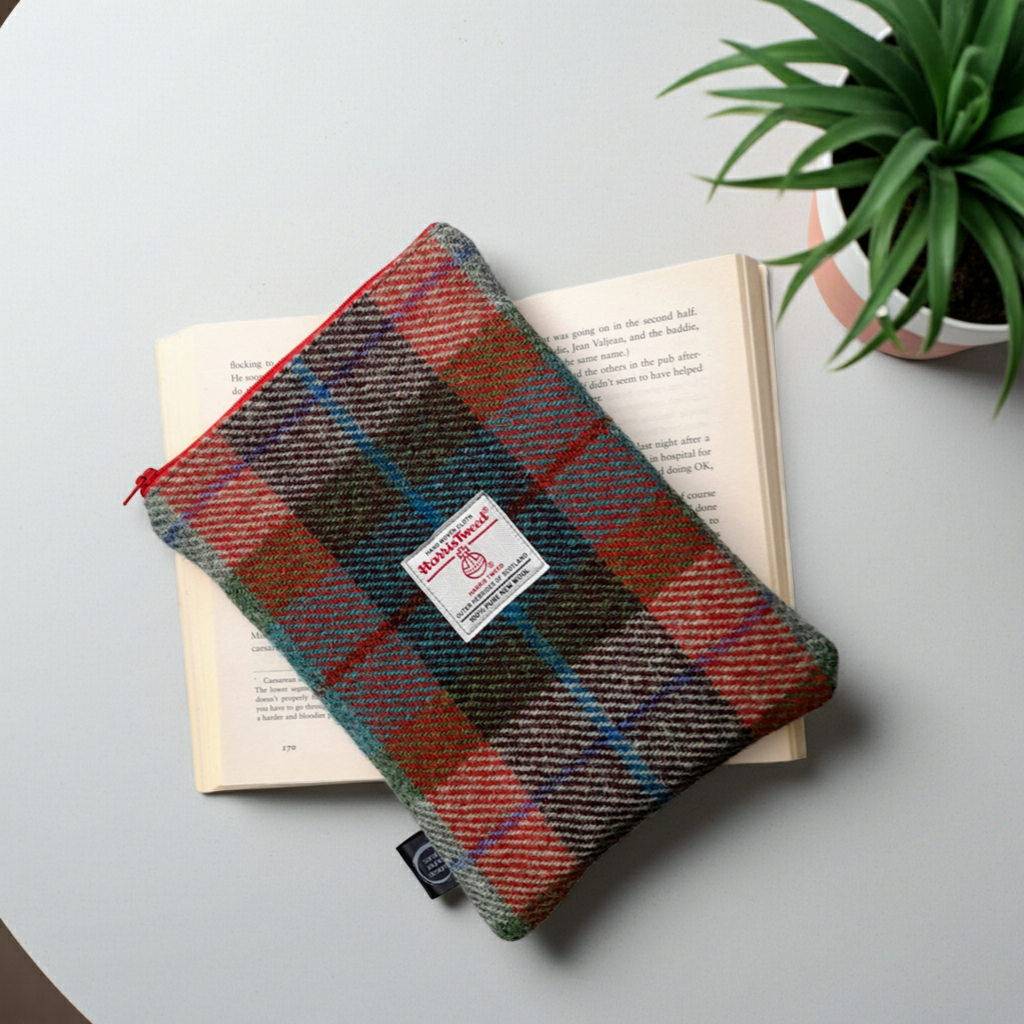 Green and Red Harris Tweed Book Sleeve with zip closure