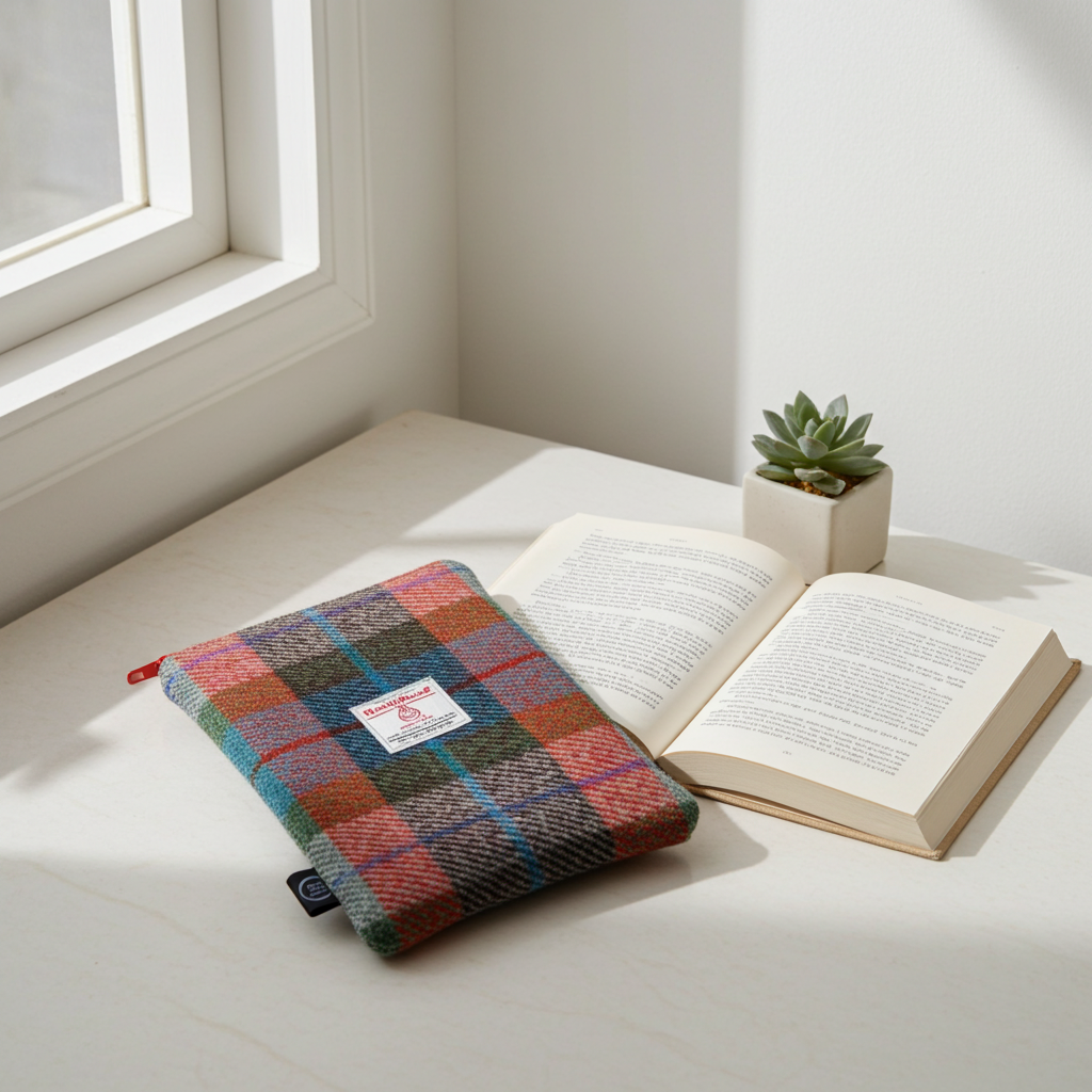 Green and Red Harris Tweed Book Sleeve with zip closure