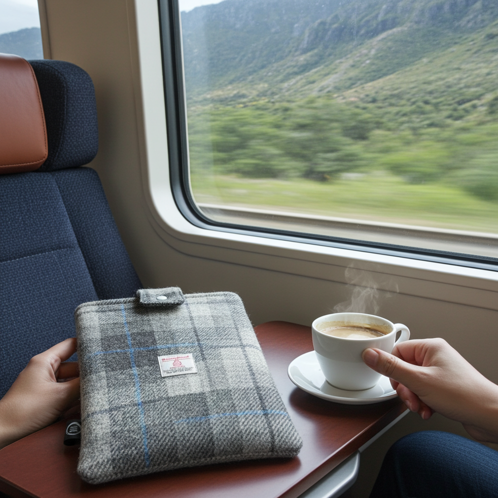 Harris Tweed book sleeve - Grey check with blue & purple lines