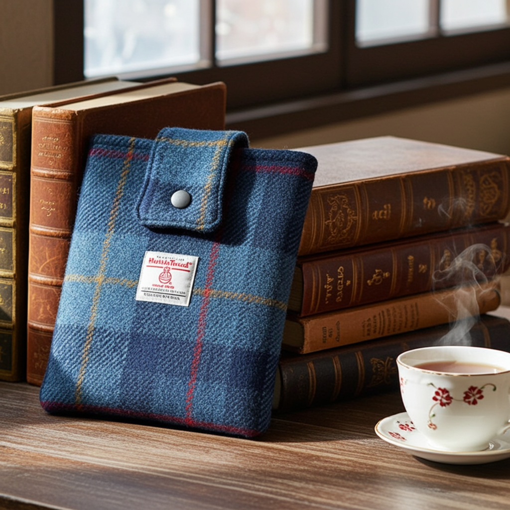 Harris Tweed book sleeve in Navy check with red & yellow lines