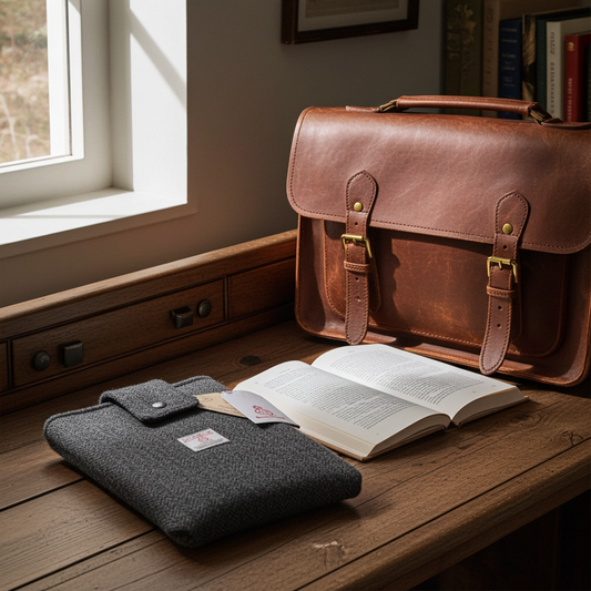 Harris Tweed book sleeve in Charcoal Blue Herringbone