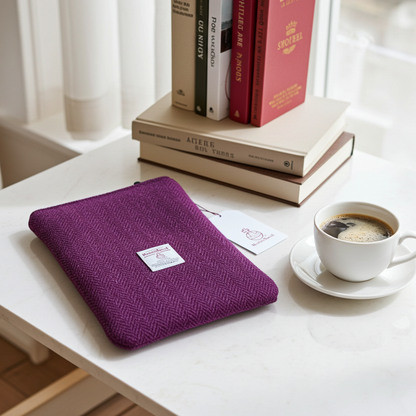 Raspberry herringbone Harris Tweed Book Sleeve with zip closure