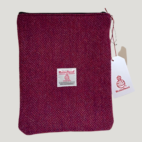 Raspberry herringbone Harris Tweed Book Sleeve with zip closure