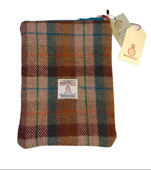 salmon Plaid pouch with a visible brand tag on a white background