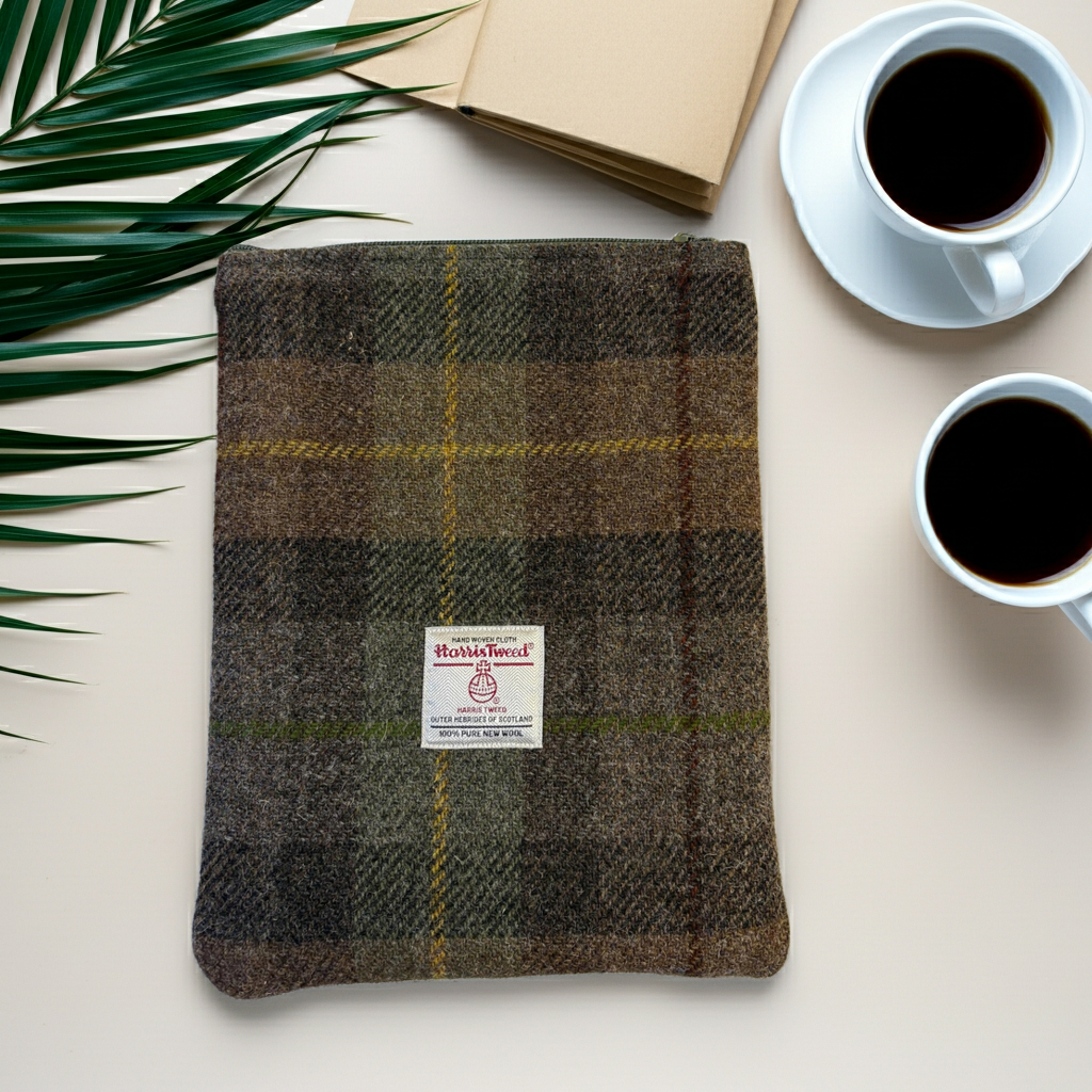 Brown & Green Harris Tweed Book Sleeve with zip closure