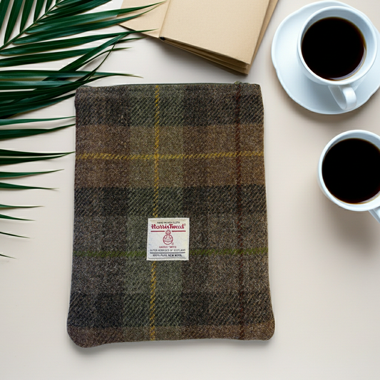 Brown & Green Harris Tweed Book Sleeve with zip closure