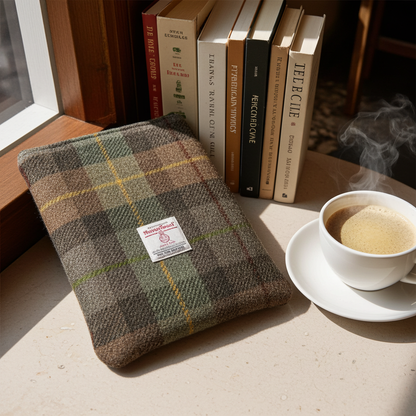 Brown & Green Harris Tweed Book Sleeve with zip closure