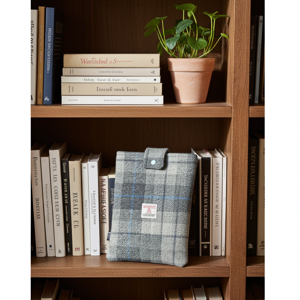 Harris Tweed book sleeve - Grey check with blue & purple lines