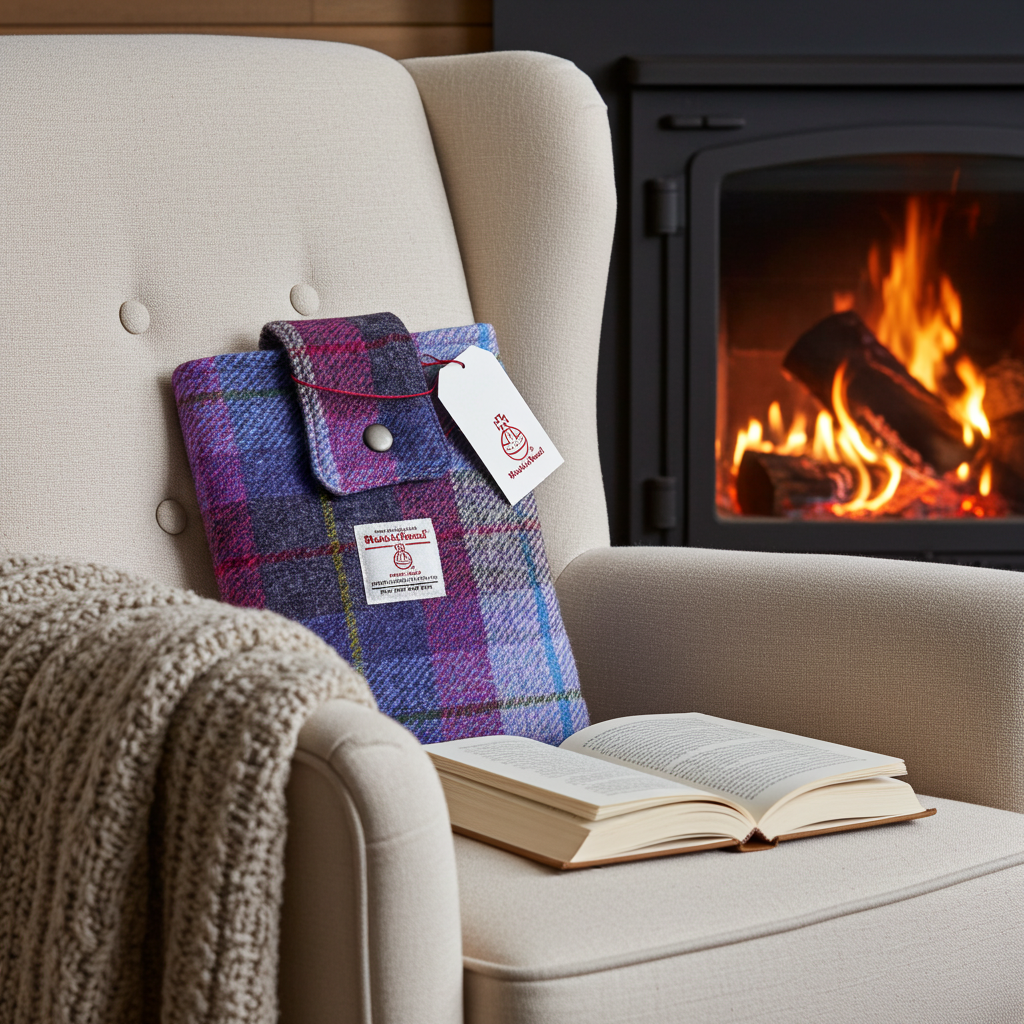 Harris Tweed book sleeve in purple & pink check