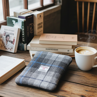 Grey tartan Harris Tweed Book Sleeve with zip closure